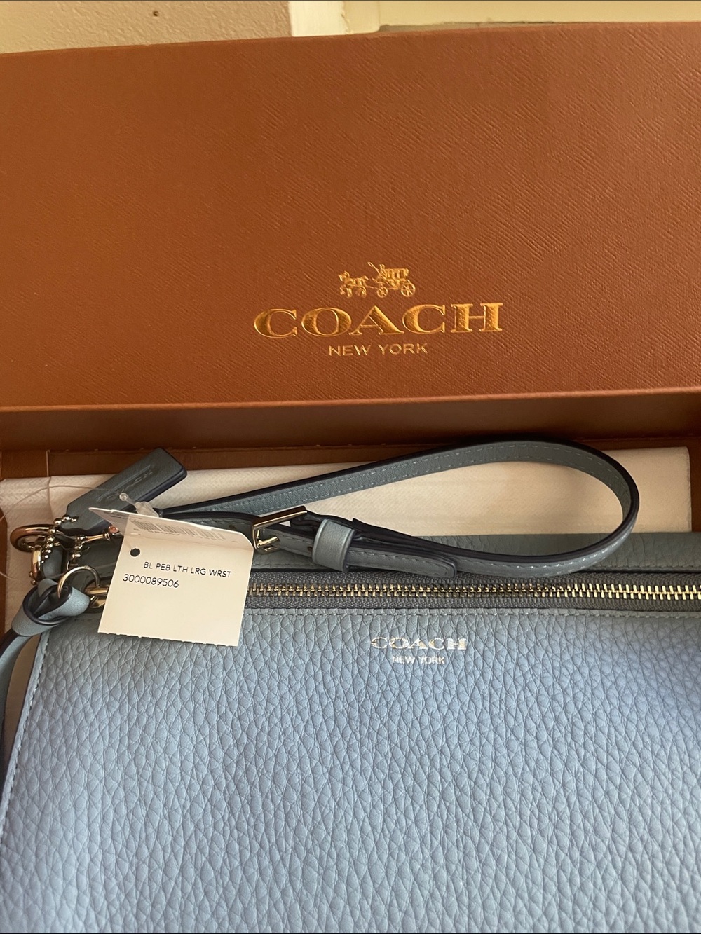 Coach Pebbled Leather Wristlet in Dusty Blue with Gold Hardware